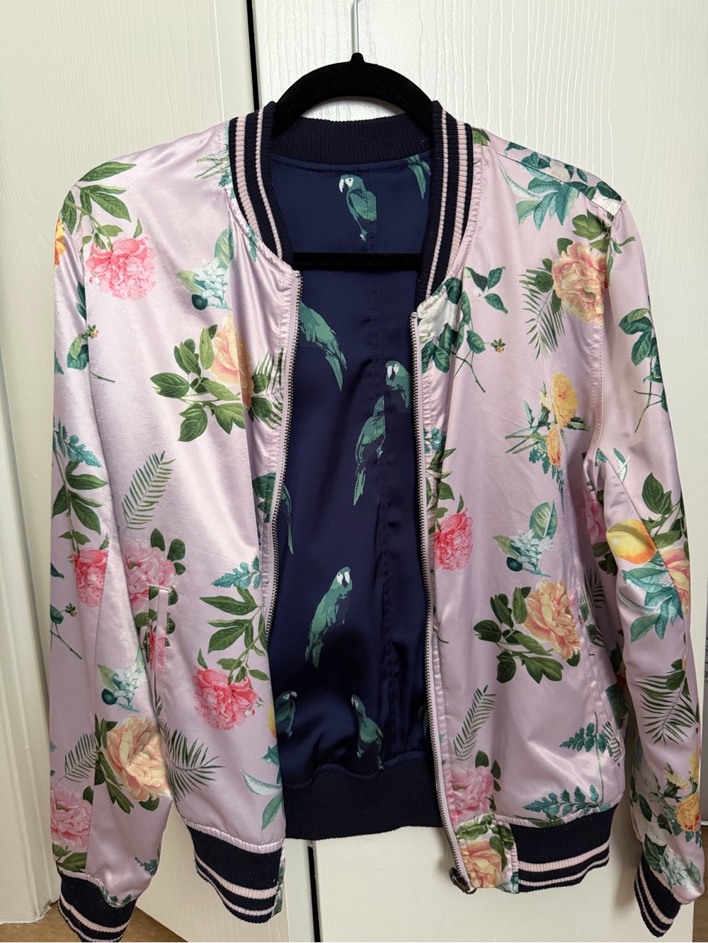 American Eagle Outfitters Pink Floral Bomber Jacket with Navy Parrot Lining